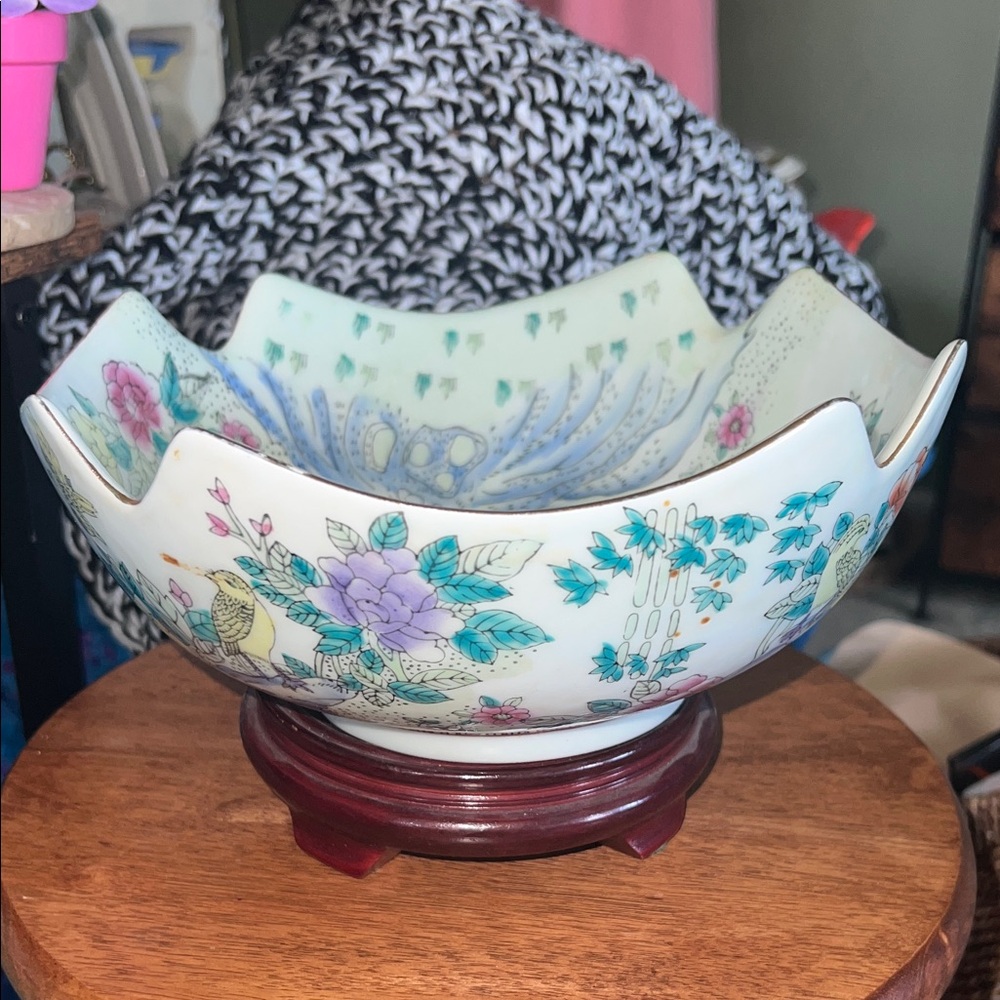 Vintage Chinese Satsuma Bowl Birds Of Paradise with Wood Stand - Picture 2 of 14
